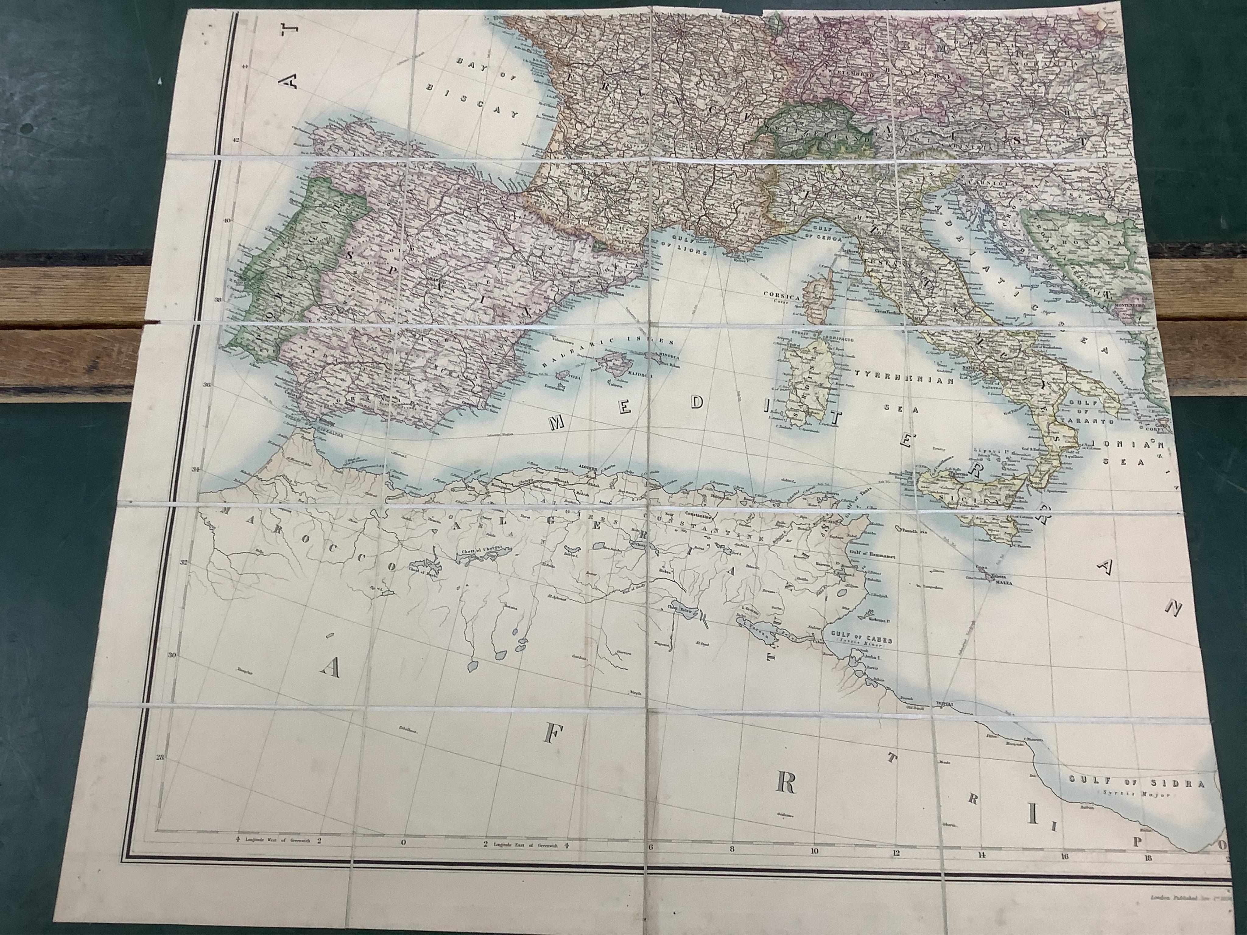 Stanford's Library Map of Europe ... by A. Keith Johnston ... 4 sheets, coloured and folded on line, sheets approx. 75 x 82cm within ruled borders, contained in original morocco case, 1876